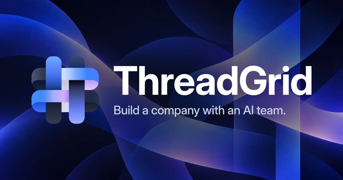 ThreadGrid: build a company with an AI team. The logo on the brand's dark blue waves.